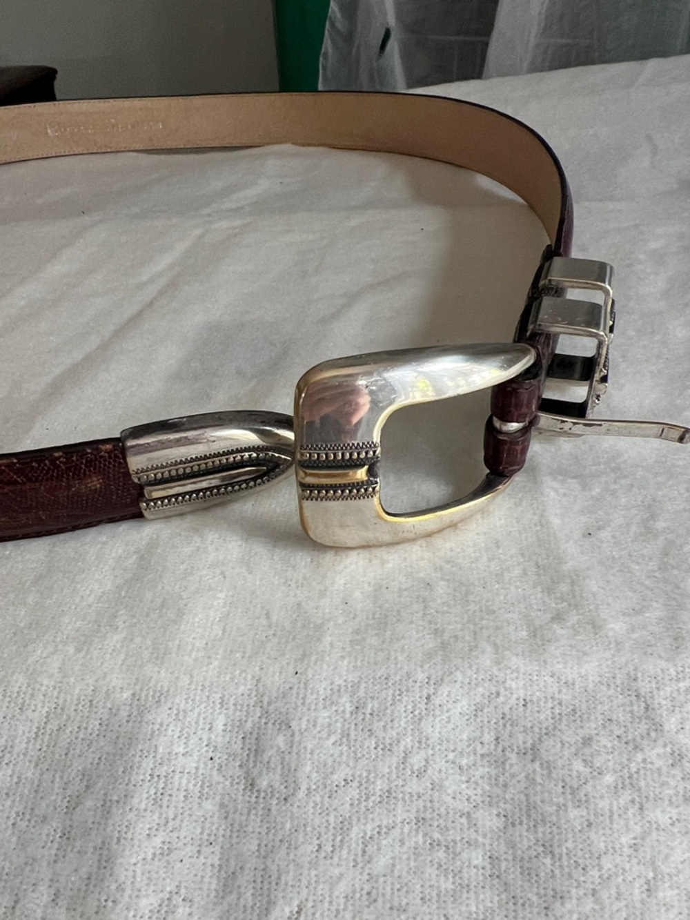 Men's Brown Leather Belt with Decorative Silver Buckle